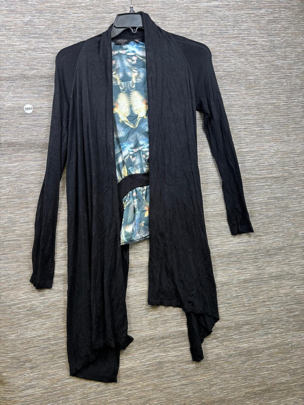Ted Baker Cardigan Sweater Womens 2 Black Bird Print Open Front Drape Hem Knit